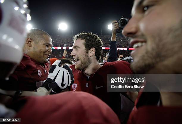 Kevin Hogan of the Stanford Cardinal is congratulated by David Yankey of the Stanford Cardinal after Stanford beat the Oregon Ducks at Stanford...