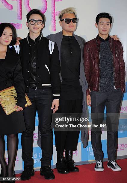 Jun-Ho of 2pm, Park Jin-Young and Choi Woo-Sik attend the 'Marriage Blue' VIP Press Screening at COEX Megabox on November 7, 2013 in Seoul, South...