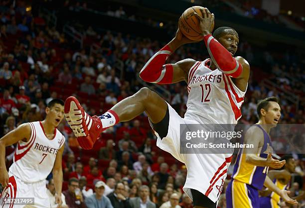 Dwight Howard of the Houston Rockets grabs a rebound during the game against the Los Angeles Lakers at Toyota Center on November 7, 2013 in Houston,...