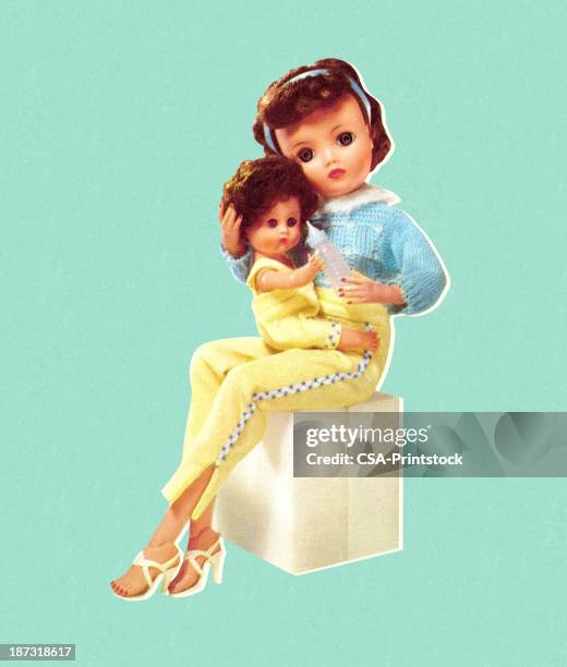 mother holding baby doll - doll stock illustrations