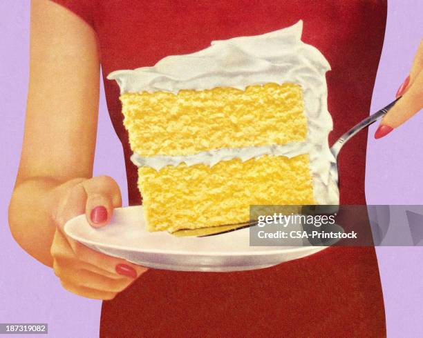 illustrazioni stock, clip art, cartoni animati e icone di tendenza di donna con grande fetta di torta - fetta di torta