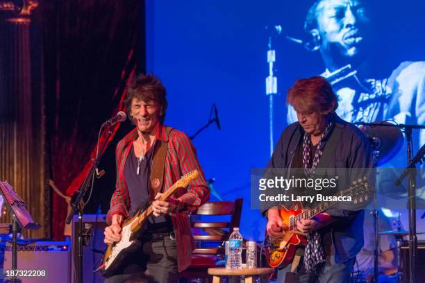 Ronnie Wood and Mick Taylor perform at The Cutting Room on November 7, 2013 in New York City. Ronnie Wood of the Rolling Stones made a rare club...
