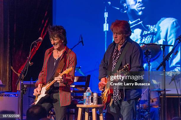 Ronnie Wood and Mick Taylor perform at The Cutting Room on November 7, 2013 in New York City. Ronnie Wood of the Rolling Stones made a rare club...