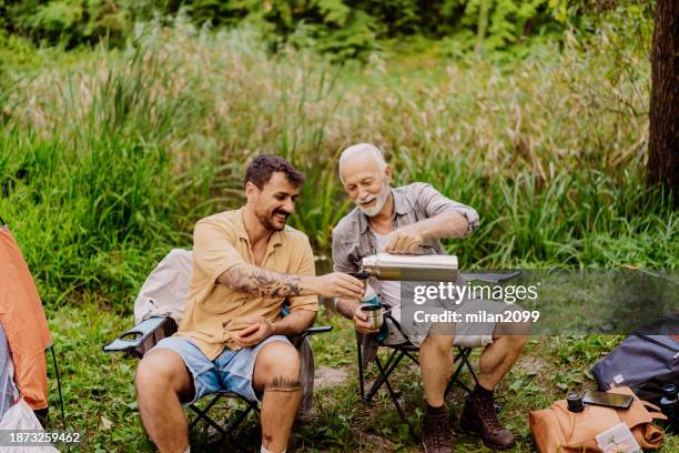 father and son camping - milan2099 stock pictures, royalty-free photos & images