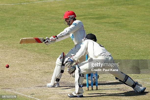 Chadd Sayers of the Redbacks bats during day three of the Sheffield Shield match between the Western Australia Warriors and the South Australia...