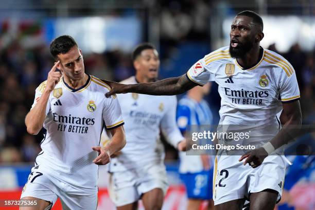 Lucas Vazquez of Real Madrid CF celebrates after scoring his team's first goal with teammate Antonio Rudiger during the LaLiga EA Sports match...