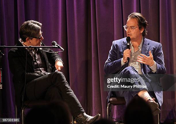 Vice President of The GRAMMY Foundation Scott Goldman and producer Randall Poster speak onstage during The Drop: Divided & United - Music of The...