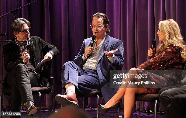 Vice President of The GRAMMY Foundation Scott Goldman, producer Randall Poster and singer Lee Ann Womack speak onstage during The Drop: Divided &...