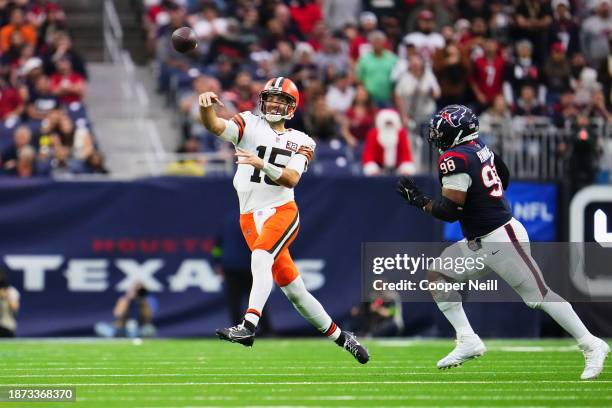 Joe Flacco of the Cleveland Browns drops back to pass against the Houston Texans during the first half at NRG Stadium on December 24, 2023 in...