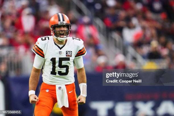 Joe Flacco of the Cleveland Browns celebrates after a touchdown against the Houston Texans during the first half at NRG Stadium on December 24, 2023...