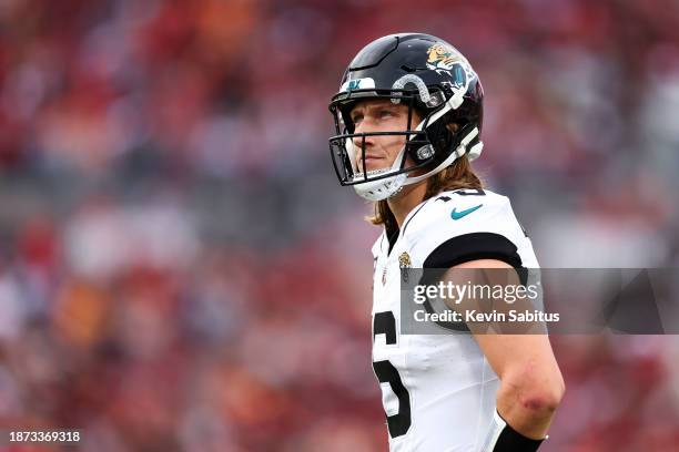 Trevor Lawrence of the Jacksonville Jaguars looks on during the second quarter of an NFL football game against the Tampa Bay Buccaneers at Raymond...
