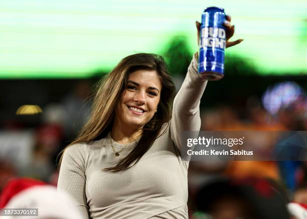Fan poses with a Bud Light can during the fourth quarter of an NFL football game between the Tampa Bay Buccaneers and the Jacksonville Jaguars at...