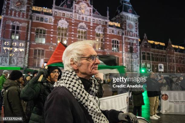 Hundreds of people gather for a rally in support for Gaza, on December 24, 2023 on Christmas Eve in Amsterdam, Netherlands. They marched to Dam...