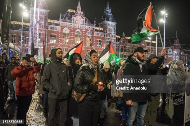 Hundreds of people gather for a rally in support for Gaza, on December 24, 2023 on Christmas Eve in Amsterdam, Netherlands. They marched to Dam...