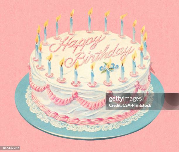 illustrazioni stock, clip art, cartoni animati e icone di tendenza di torta di compleanno con candele - vintage birthday cake
