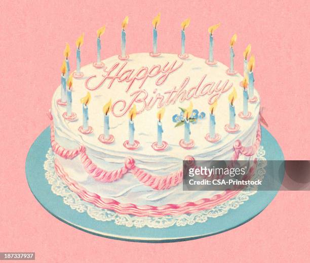 an illustration depicting a white cheerful birthday cake - birthday cake stock illustrations