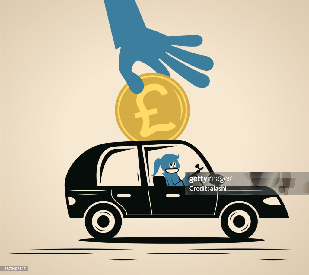 A smiling blue woman drives a car and a big hand puts money into the car