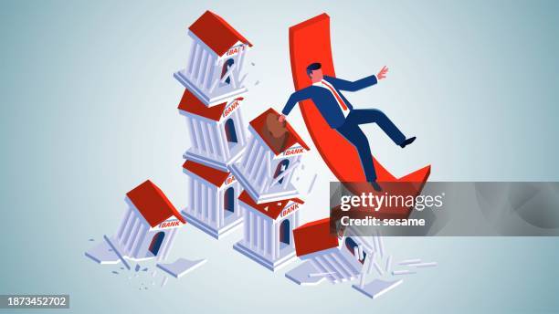 bildbanksillustrationer, clip art samt tecknat material och ikoner med subprime mortgage crisis, financial crisis or loan problems, bankruptcies, stock market losses, credit crisis and risk, businessmen falling off broken and failing banks - emergencies and disasters stock illustrations