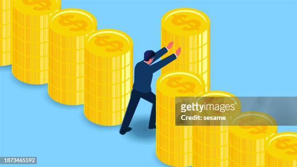 misappropriation, tax evasion, financial crime, funding gaps, investment budgets, financial management, isometric traders pushing away a set of gold coins from inside a row of gold piles - expense fraud stock illustrations