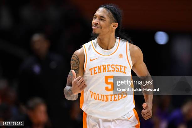 Zakai Zeigler of the Tennessee Volunteers celebrates a three point basket against the Tarleton State Texans in the first half at Thompson-Boling...