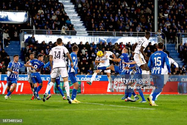 Lucas Vazquez player of Real Madrid shooting to goal during the LaLiga EA Sports match between Deportivo Alaves and Real Madrid CF at Estadio de...