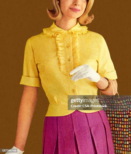 woman wearing yellow top and white gloves - blouse fashion stock illustrations