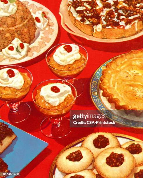stockillustraties, clipart, cartoons en iconen met table full of desserts - dessert christmas
