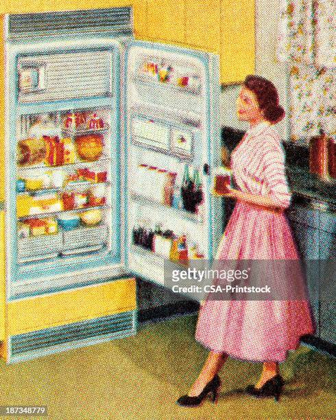 illustrazioni stock, clip art, cartoni animati e icone di tendenza di donna in piedi all'aperto frigorifero - casalinga