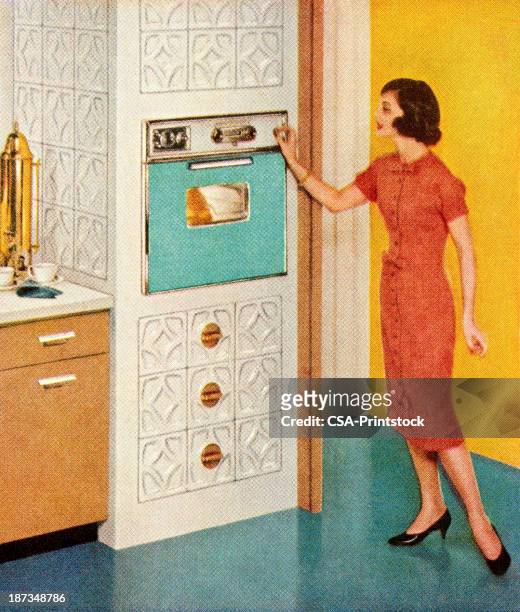 bildbanksillustrationer, clip art samt tecknat material och ikoner med woman standing by turquoise oven - stereotypical housewife