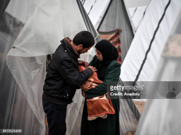 Gazan mother, Sabreen al-Azami, who was displaced from Beit Lahia city when she was 7 months pregnant due to Israeli attacks and took refuge in a...