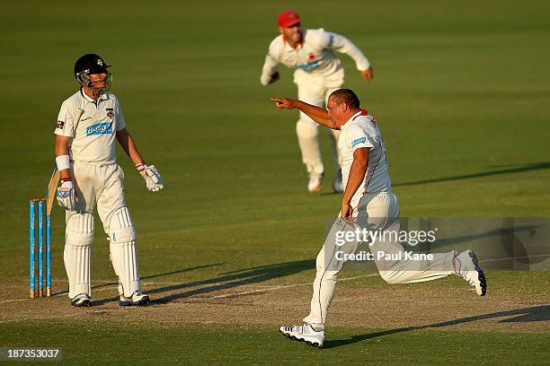 Trent Lawford of the Redbacks celebrates the wicket of Marcus North of the Warriors during day three of the Sheffield Shield match between the...