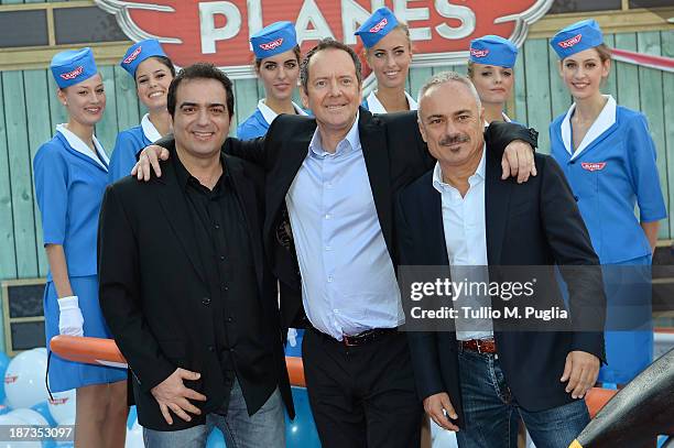 Gianluca Terranova, John Peter Sloan and Gianfranco Mazzoni attend 'Planes 3D' Premiere during The 8th Rome Film Festival at Auditorium Parco Della...