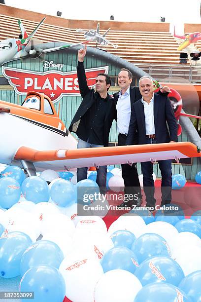 Gianluca Terranova, John Peter Sloan and Gianfranco Mazzoni attend 'Planes 3D' Premiere during The 8th Rome Film Festival at Auditorium Parco Della...