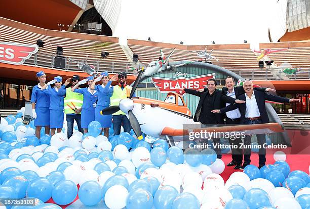 Gianluca Terranova, John Peter Sloan and Gianfranco Mazzoni attend 'Planes 3D' Premiere during The 8th Rome Film Festival at Auditorium Parco Della...