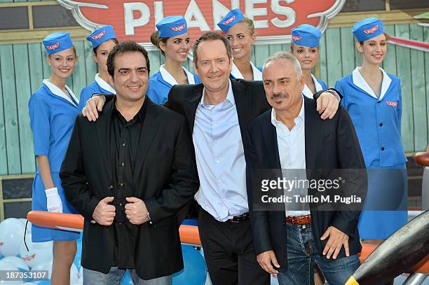 Gianluca Terranova, John Peter Sloan and Gianfranco Mazzoni attend 'Planes 3D' Premiere during The 8th Rome Film Festival at Auditorium Parco Della...