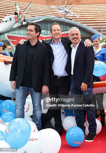 Gianluca Terranova, John Peter Sloan and Gianfranco Mazzoni attend 'Planes 3D' Premiere during The 8th Rome Film Festival at Auditorium Parco Della...