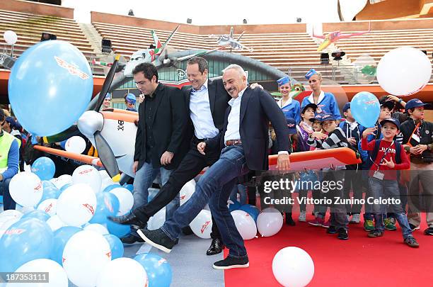 Gianluca Terranova, John Peter Sloan and Gianfranco Mazzoni attend 'Planes 3D' Premiere during The 8th Rome Film Festival at Auditorium Parco Della...