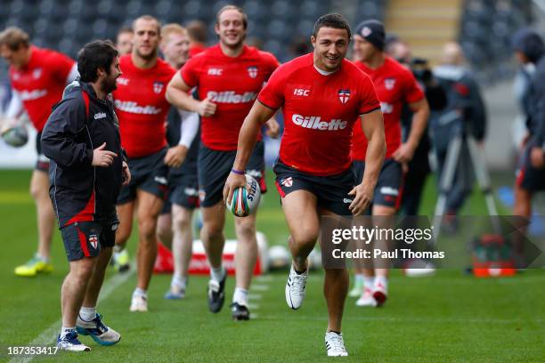 Sam Burgess of England runs during the England Rugby League World Cup training session at the KC Stadium on November 8, 2013 in Hull, England.