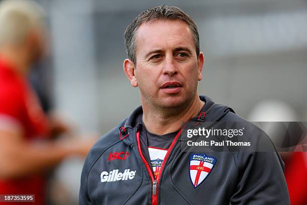 Head coach Steve McNamara of England looks on during the England Rugby League World Cup training session at the KC Stadium on November 8, 2013 in...