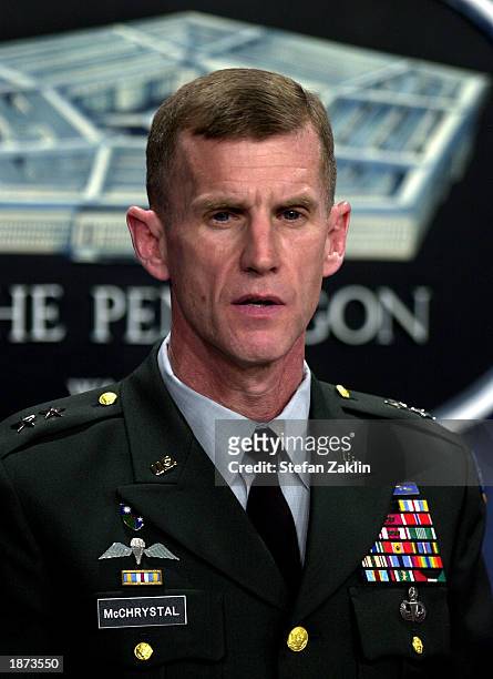 Army Major General Stanley McChrystal, Vice Director of Operations, speaks during a briefing at the Pentagon March 26, 2003 in Arlington, Virginia....