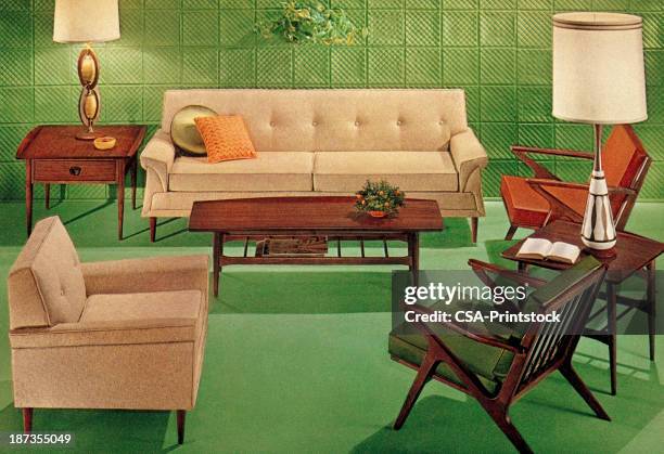 green mid-century living room - vintage furniture stock illustrations