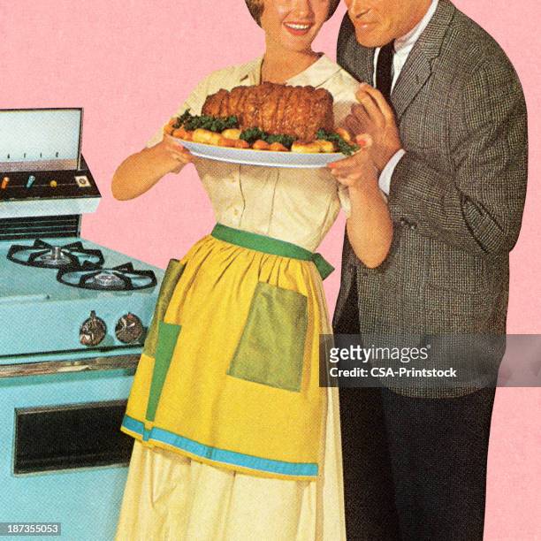 couple admiring roast - old fashioned stock illustrations