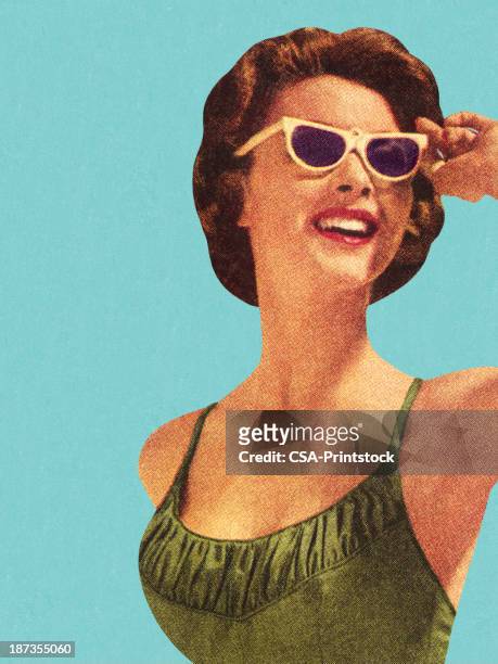 woman wearing sunglasses and green swimsuit - vintage fashion stock illustrations