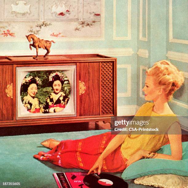 stockillustraties, clipart, cartoons en iconen met woman watching tv in blue room - televisie kijken