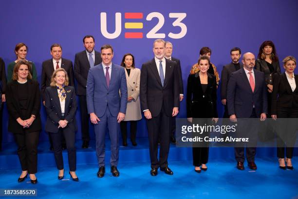 Minister of Economy, Trade and Business Nadia Calviño, Prime minister Pedro Sanchez, King Felipe VI of Spain, Queen Letizia of Spain and President of...