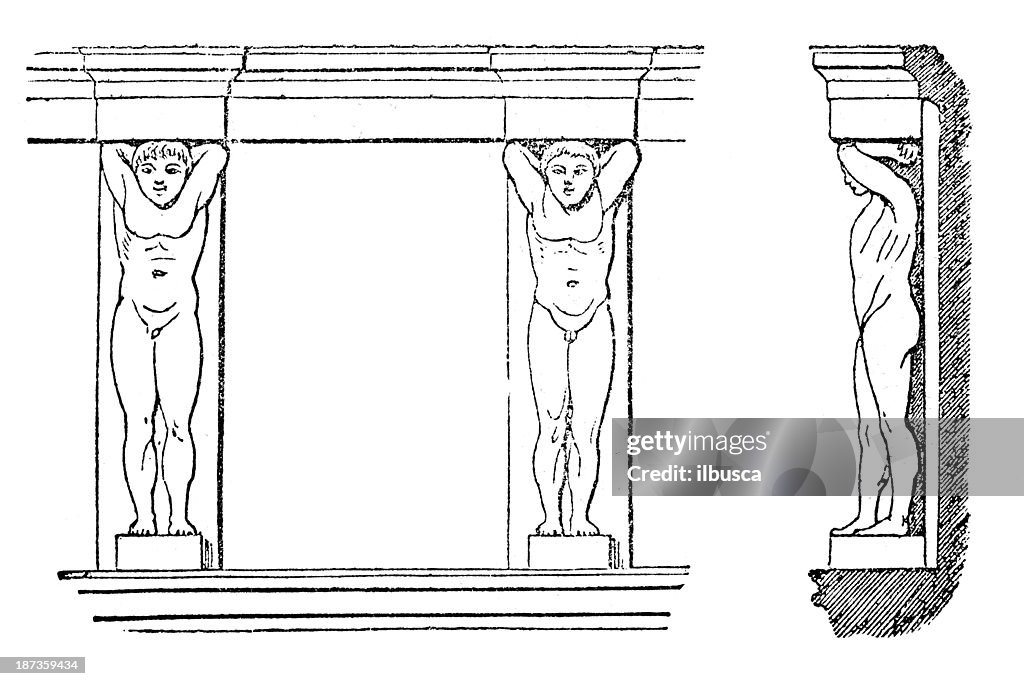 Antique illustration of column sculpture Atlas statues