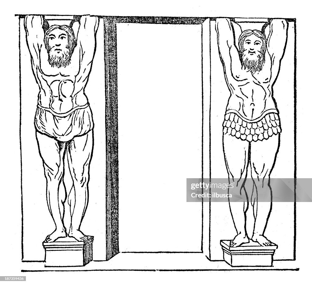 Antique illustration of column sculpture Atlas statues