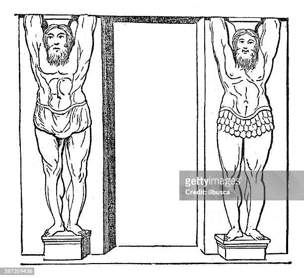 antique illustration of column sculpture atlas statues - atlas mythological figure stock illustrations