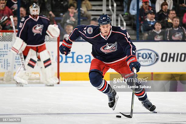 Dalton Prout of the Columbus Blue Jackets skates with the puck against the Ottawa Senators on November 5, 2013 at Nationwide Arena in Columbus, Ohio.