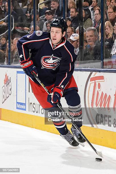 Nikita Nikitin of the Columbus Blue Jackets skates with the puck against the Ottawa Senators on November 5, 2013 at Nationwide Arena in Columbus,...